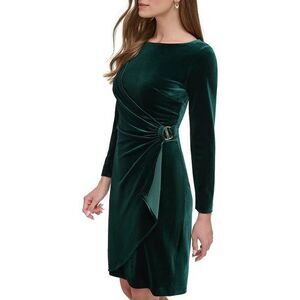 DKNY Women's Size 6 Faux Wrap Boat Neck Mini Dress Dark Green Velvet Long Sleeve